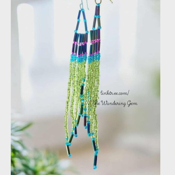 Boho Chic Seed Bead Fringe Dangle Earrings, Statement Artisan 5" - Picture 1 of 13